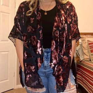 floral kimono with velvet detailing